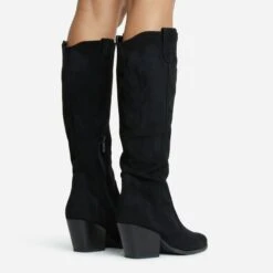 EGO Magnum Pointed Toe Block Heel Knee High Long Western Cowboy Boot In Black Faux Suede -EGO Sales 2261 blk15975