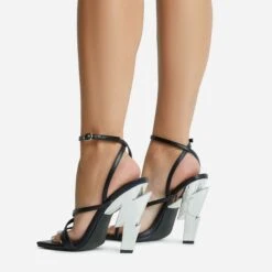 EGO Cadence Strappy Square Toe Metallic Lighting Bolt Statement Heel In Black Faux Leather -EGO Sales 2261 blk16171 copy