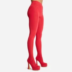EGO Hypnosis Closed Square Toe Platform Flared Block Heel Long Legging Boot In Red Lycra -EGO Sales 2261 blk16190 copy