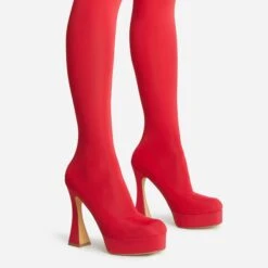 EGO Hypnosis Closed Square Toe Platform Flared Block Heel Long Legging Boot In Red Lycra -EGO Sales 2261 blk16191 copy
