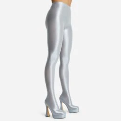 EGO Hypnosis Closed Square Toe Platform Flared Block Heel Long Legging Boot In Silver Lycra