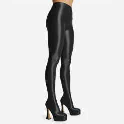 EGO Hypnosis Closed Square Toe Platform Flared Block Heel Long Legging Boot In Black Lycra