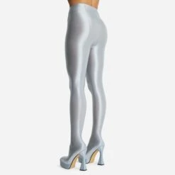 EGO Hypnosis Closed Square Toe Platform Flared Block Heel Long Legging Boot In Silver Lycra -EGO Sales 2261 blk16196 copy