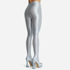 EGO Hypnosis Closed Square Toe Platform Flared Block Heel Long Legging Boot In Silver Lycra -EGO Sales 2261 blk16197 copy