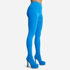 EGO Hypnosis Closed Square Toe Platform Flared Block Heel Long Legging Boot In Blue Lycra