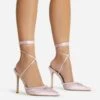 EGO All-Good Lace Up Diamante Detail Pointed Toe Stiletto Heel In Light Pink Satin -EGO Sales 2261 blk16206 copy