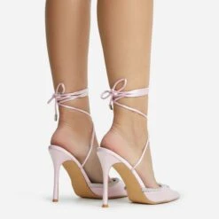 EGO All-Good Lace Up Diamante Detail Pointed Toe Stiletto Heel In Light Pink Satin -EGO Sales 2261 blk16209 copy