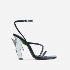 EGO Cadence Strappy Square Toe Metallic Lighting Bolt Statement Heel In Black Faux Leather -EGO Sales 2261 blk17877