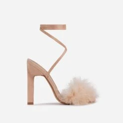 EGO Aubrie Fluffy Faux Feather Lace Up Square Toe Sculptured Heel In Nude Faux Suede -EGO Sales 25 05 210750
