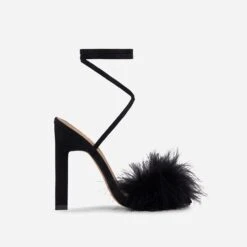 EGO Aubrie Fluffy Faux Feather Lace Up Square Toe Sculptured Heel In Black Faux Suede -EGO Sales 25 05 210751