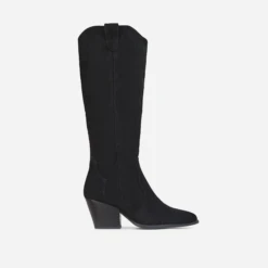 EGO Magnum Pointed Toe Block Heel Knee High Long Western Cowboy Boot In Black Faux Suede -EGO Sales 2703 blk12957 sq