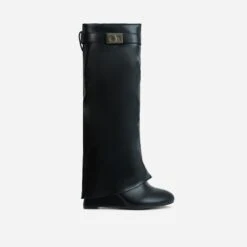 EGO Emile Buckle Detail Wedge Heel Knee High Long Boot In Black Faux Leather -EGO Sales 28 10 22 fw18504 sq
