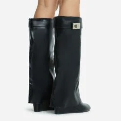 EGO Emile Buckle Detail Wedge Heel Knee High Long Boot In Black Faux Leather -EGO Sales 28 10 22 fw20268 copy