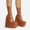 EGO Hellsing Square Toe Chunky Platform Wedge Ankle Sock Boot In Tan Brown Faux Leather -EGO Sales 28 10 22 fw20330 copy