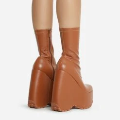 EGO Hellsing Square Toe Chunky Platform Wedge Ankle Sock Boot In Tan Brown Faux Leather 10 EGO Hellsing Square Toe Chunky Platform Wedge Ankle Sock Boot In Tan Brown Faux Leather -EGO Sales 28 10 22 fw20334 copy