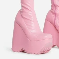 EGO Hellsing Square Toe Chunky Platform Wedge Ankle Sock Boot In Pink Faux Leather -EGO Sales 28 10 22 fw20342 copy