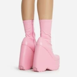 EGO Hellsing Square Toe Chunky Platform Wedge Ankle Sock Boot In Pink Faux Leather -EGO Sales 28 10 22 fw20344 copy
