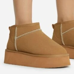 EGO Pumpkin Platform Sole Faux Fur Lining Ultra Mini Ankle Boot In Chestnut Faux Suede -EGO Sales 28 10 22 fw20367 copy