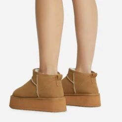 EGO Pumpkin Platform Sole Faux Fur Lining Ultra Mini Ankle Boot In Chestnut Faux Suede -EGO Sales 28 10 22 fw20368 copy