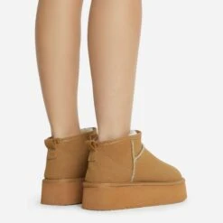 EGO Pumpkin Platform Sole Faux Fur Lining Ultra Mini Ankle Boot In Chestnut Faux Suede -EGO Sales 28 10 22 fw20369 copy