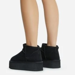 EGO Pumpkin Platform Sole Faux Fur Lining Ultra Mini Ankle Boot In Black Faux Suede -EGO Sales 28 10 22 fw20373 copy