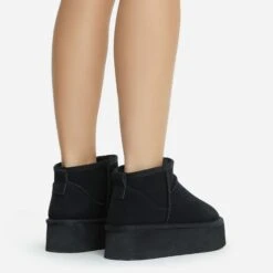 EGO Pumpkin Platform Sole Faux Fur Lining Ultra Mini Ankle Boot In Black Faux Suede -EGO Sales 28 10 22 fw20374 copy