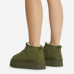 EGO Pumpkin Platform Sole Faux Fur Lining Ultra Mini Ankle Boot In Khaki Faux Suede -EGO Sales 28 10 22 fw20378 copy