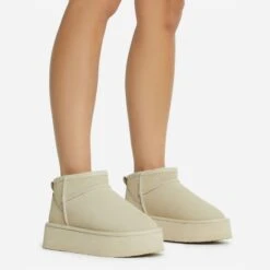 EGO Pumpkin Platform Sole Faux Fur Lining Ultra Mini Ankle Boot In Beige Faux Suede