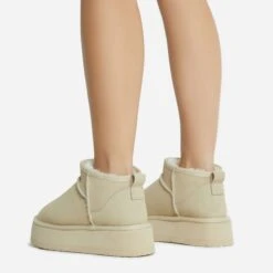 EGO Pumpkin Platform Sole Faux Fur Lining Ultra Mini Ankle Boot In Beige Faux Suede -EGO Sales 28 10 22 fw20388 copy