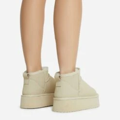 EGO Pumpkin Platform Sole Faux Fur Lining Ultra Mini Ankle Boot In Beige Faux Suede -EGO Sales 28 10 22 fw20389 copy