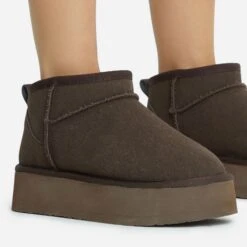 EGO Pumpkin Platform Sole Faux Fur Lining Ultra Mini Ankle Boot In Brown Faux Suede -EGO Sales 28 10 22 fw20392 copy