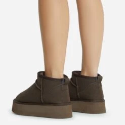 EGO Pumpkin Platform Sole Faux Fur Lining Ultra Mini Ankle Boot In Brown Faux Suede -EGO Sales 28 10 22 fw20393 copy