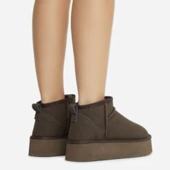 EGO Pumpkin Platform Sole Faux Fur Lining Ultra Mini Ankle Boot In Brown Faux Suede -EGO Sales 28 10 22 fw20394 copy
