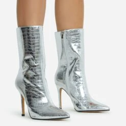 EGO Attention-Seeker Pointed Toe Stiletto Heel Ankle Boot In Silver Metallic Croc Print Faux Leather