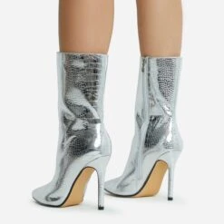 EGO Attention-Seeker Pointed Toe Stiletto Heel Ankle Boot In Silver Metallic Croc Print Faux Leather -EGO Sales 28 10 22 fw20510 sq