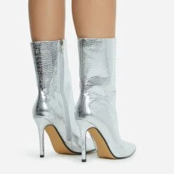 EGO Attention-Seeker Pointed Toe Stiletto Heel Ankle Boot In Silver Metallic Croc Print Faux Leather -EGO Sales 28 10 22 fw20511 sq