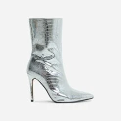 EGO Attention-Seeker Pointed Toe Stiletto Heel Ankle Boot In Silver Metallic Croc Print Faux Leather -EGO Sales 28 10 22 fw20512 sq