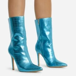 EGO Attention-Seeker Pointed Toe Stiletto Heel Ankle Boot In Blue Metallic Croc Print Faux Leather