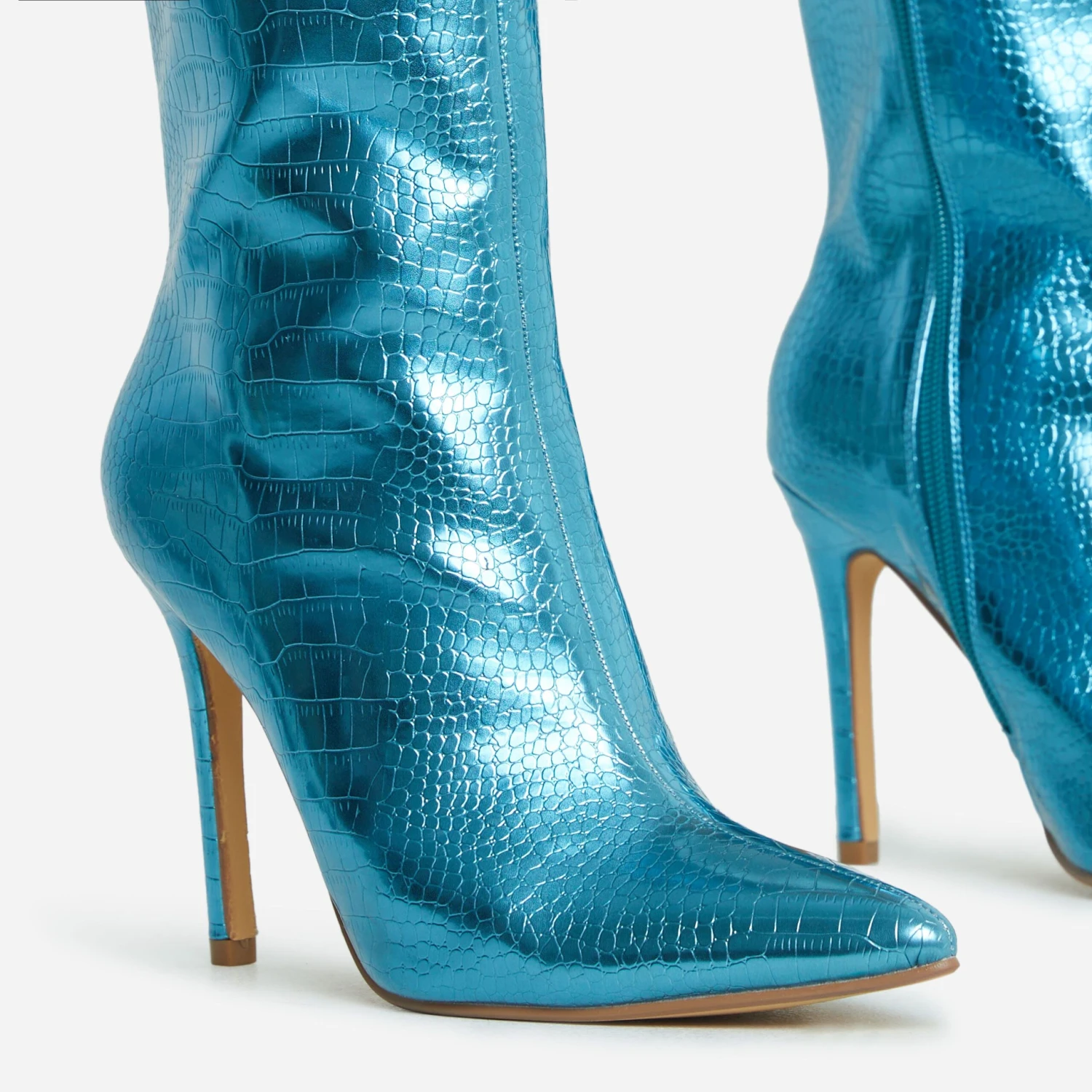 EGO Attention-Seeker Pointed Toe Stiletto Heel Ankle Boot In Blue Metallic Croc Print Faux Leather 4 EGO Attention-Seeker Pointed Toe Stiletto Heel Ankle Boot In Blue Metallic Croc Print Faux Leather - Image 2