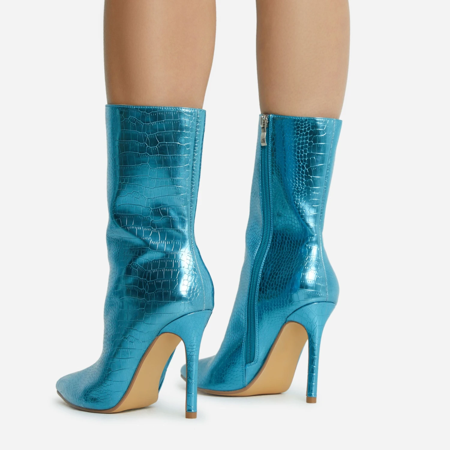 EGO Attention-Seeker Pointed Toe Stiletto Heel Ankle Boot In Blue Metallic Croc Print Faux Leather 5 EGO Attention-Seeker Pointed Toe Stiletto Heel Ankle Boot In Blue Metallic Croc Print Faux Leather - Image 3