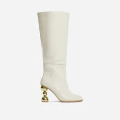 EGO Highland Square Toe Statement Metallic Heel Knee High Long Boot In Cream Croc Print Faux Leather -EGO Sales 28 10 22 fw20548 sq