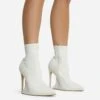 EGO Ida Diamante Detail Pointed Toe Statement Platform Stiletto Heel Ankle Sock Boot In Cream Faux Leather