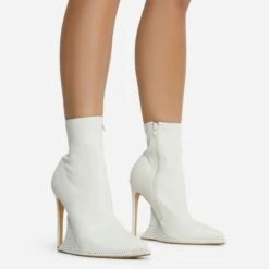 EGO Ida Diamante Detail Pointed Toe Statement Platform Stiletto Heel Ankle Sock Boot In Cream Faux Leather