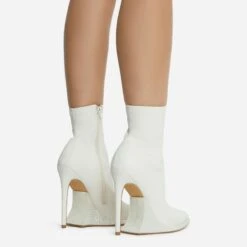 EGO Ida Diamante Detail Pointed Toe Statement Platform Stiletto Heel Ankle Sock Boot In Cream Faux Leather -EGO Sales 28 10 22 fw20600 sq
