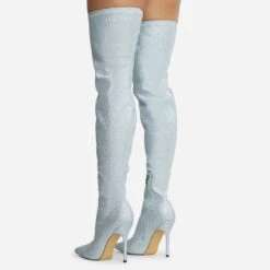 EGO Devoted Pointed Toe Stiletto Heel Over The Knee Thigh High Long Boot In Silver Glitter -EGO Sales 28 10 22 fw20609 sq