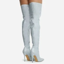 EGO Devoted Pointed Toe Stiletto Heel Over The Knee Thigh High Long Boot In Silver Glitter -EGO Sales 28 10 22 fw20610 sq