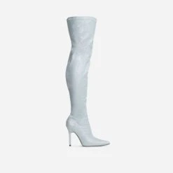 EGO Devoted Pointed Toe Stiletto Heel Over The Knee Thigh High Long Boot In Silver Glitter -EGO Sales 28 10 22 fw20611 sq