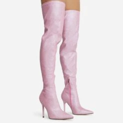 EGO Devoted Pointed Toe Stiletto Heel Over The Knee Thigh High Long Boot In Pink Glitter