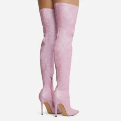 EGO Devoted Pointed Toe Stiletto Heel Over The Knee Thigh High Long Boot In Pink Glitter -EGO Sales 28 10 22 fw20616 sq