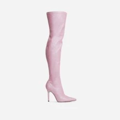 EGO Devoted Pointed Toe Stiletto Heel Over The Knee Thigh High Long Boot In Pink Glitter -EGO Sales 28 10 22 fw20617 sq